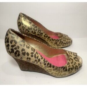 Lilly Pulitzer Leopard Print Cork Wedge Peep Toe Heels Women’s 6M